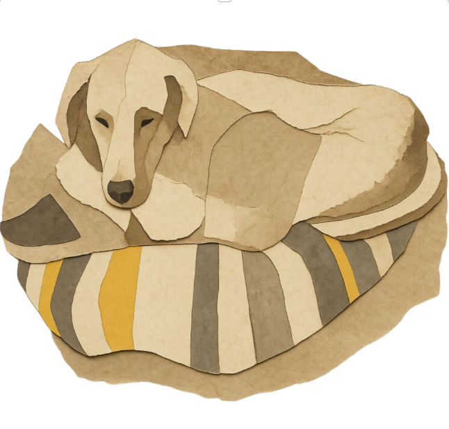 A heavily stylized version of the dog drawing, redrawn by software into flat papercut-like shapes in warm tans and browns on a transparent background.